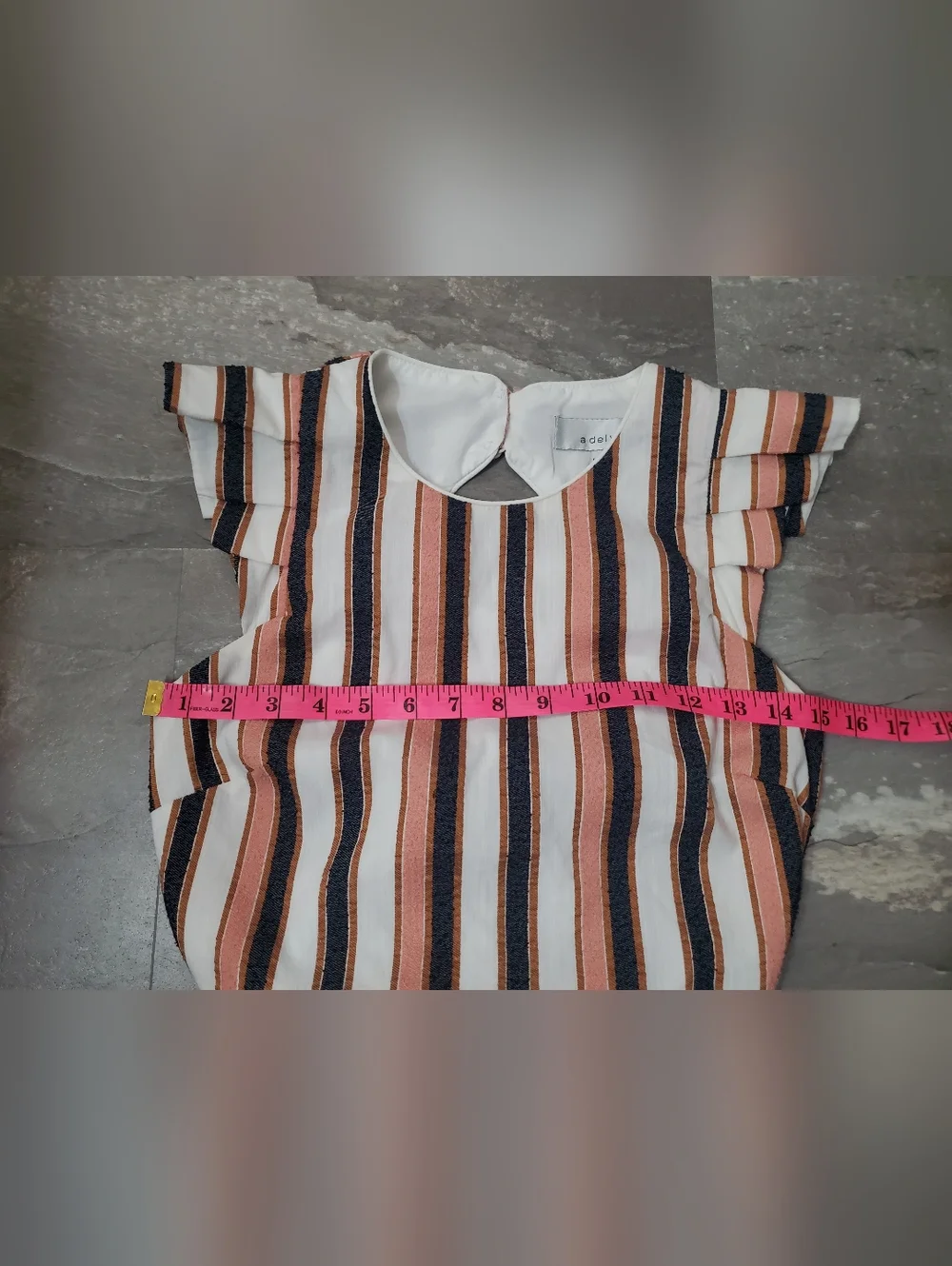 Adelyn Rae Striped Ruffle Open-Back Tie-Front Crop Top in Pink, Navy & White. S. - Picture 8 of 9